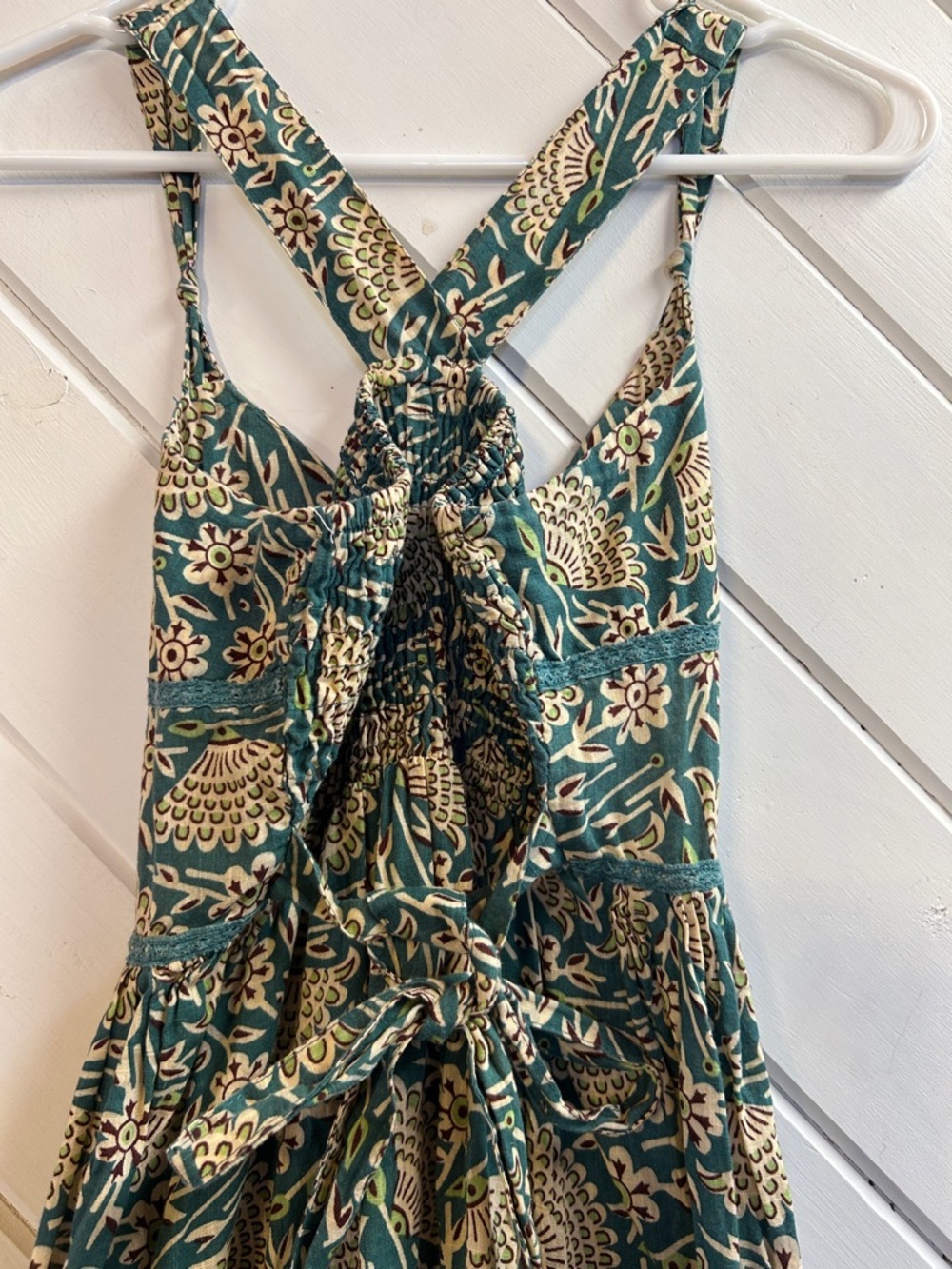 FREE PEOPLE Green Floral Halter Midi Cotton Dress with White Eyelet Trim - Picture 4 of 13